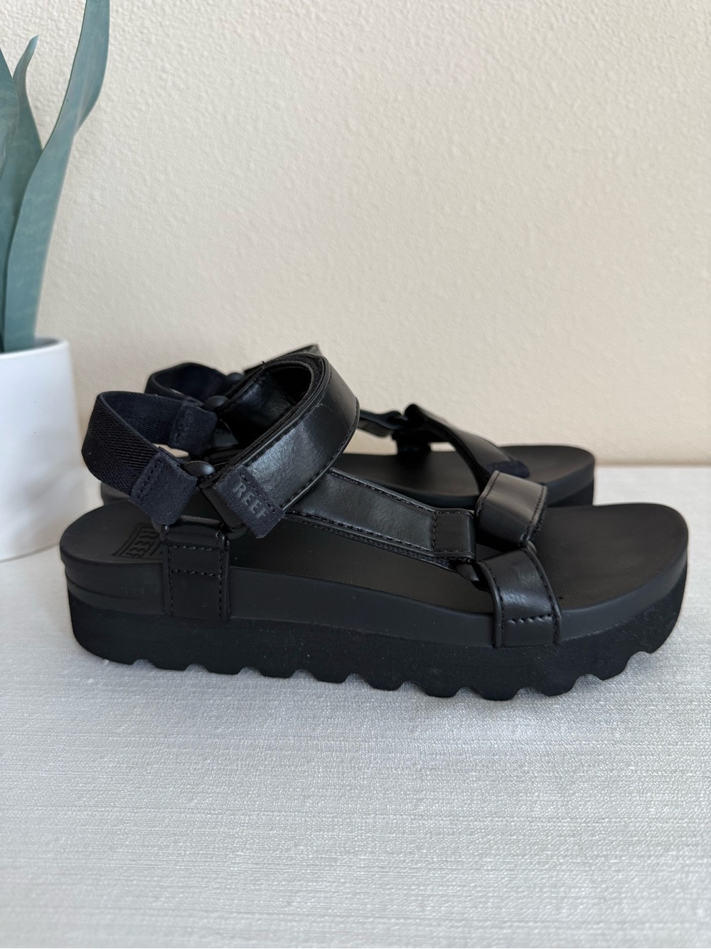 Reef Black Platform Sandals with Adjustable Straps